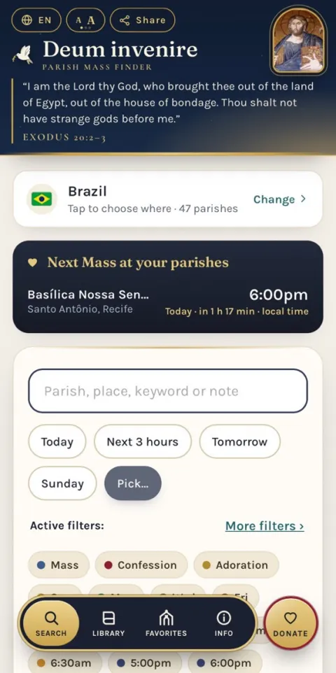 Next Mass at your parishes, and Search with several active filters