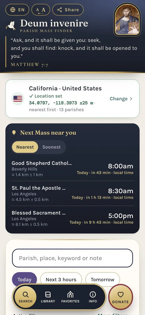 Deum invenire app screen showing nearby Mass information